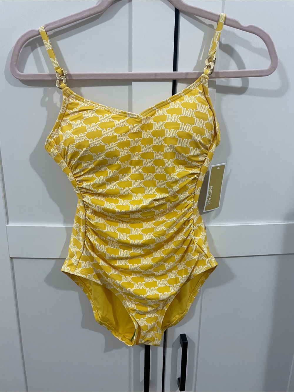 NWT Michael Kors Yellow Logo Print Womens One-Piece Swimsuit